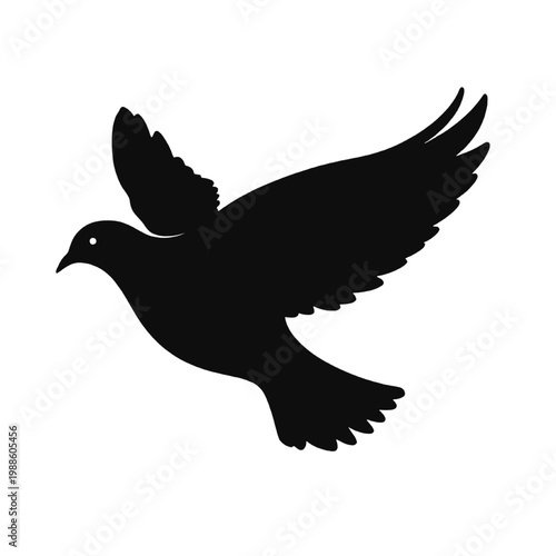 Simple black silhouette of a dove flying with wings spread symbolizing peace and freedom isolated on clean background