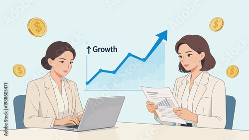 Businesswomen with growth chart and coins