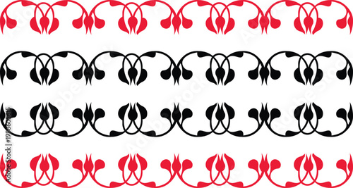 Vintage set of red tulip floral design elements with elegant black silhouette leaf patterns and butterfly ornaments for vector illustration frames