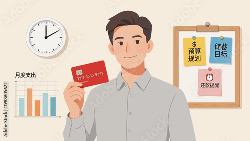 Man holding credit card with financial planning elements