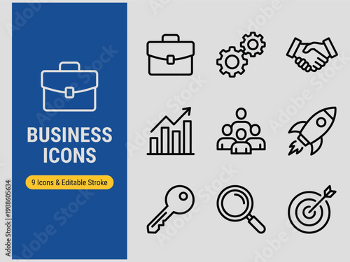 Collection of business icons including briefcase handshake gear graph people rocket key magnifying glass target  business symbols