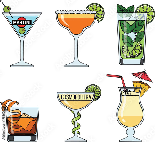 Elegant Set of Six Classic Cocktail Illustrations Including Martini Margarita Mojito Old Fashioned Cosmopolitan and Pina Colada with Detailed Garnishes for Bar Menus and Social Events