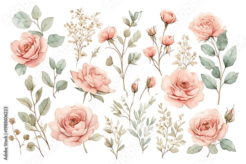 

Vintage floral vector illustration featuring a seamless pattern of pink rose blossoms and green leaves for a romantic wedding or Valentine decoration