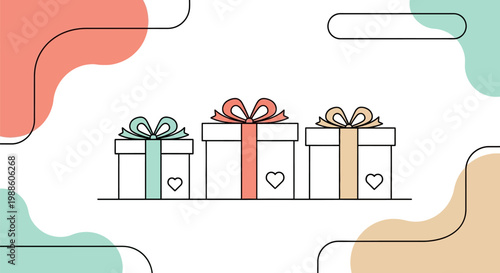 Three gift boxes with colorful ribbons.