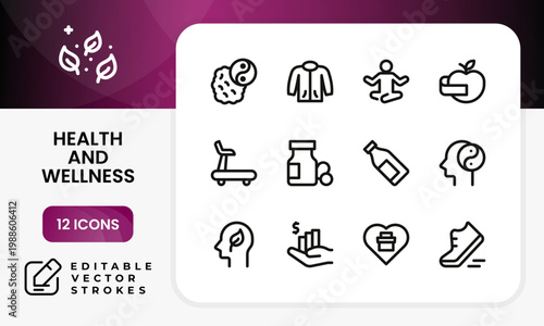 Health and wellness icon set. Modern health and wellness sleek line icon collection features running shoes and tracks to represent active life.