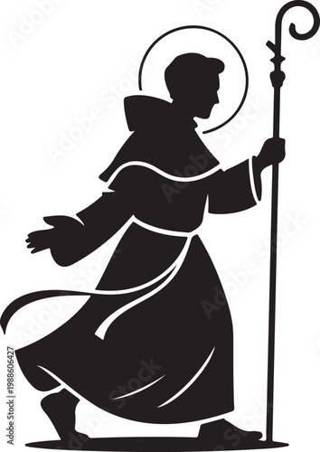 Monk saint silhouette with halo and staff silhouette religious
