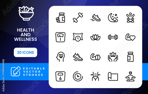 Health and wellness icon set. Modern health and wellness flat line icon pack features scale and tape measure symbols to represent weight loss.