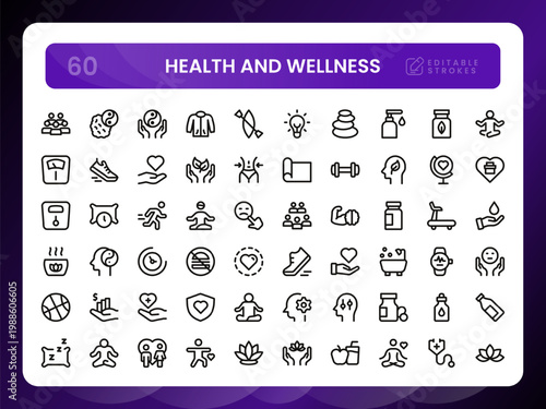 Health and wellness icon set. Modern health and wellness unique line icon pack contains microscope and lab symbols to represent research.