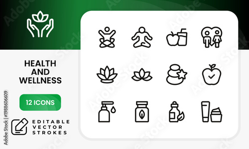 Health and wellness icon set. A professional health and wellness unique line icon pack highlights yoga poses and lotus flowers for mindfulness.