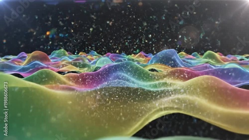 Abstract Colorful Waves Background with Particles Floating in Space Reflecting Light and Texture
