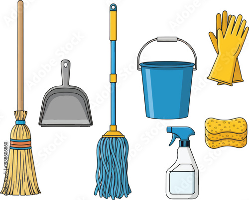 Set of essential house cleaning tools including a wooden broom dustpan blue mop plastic bucket yellow rubber gloves and glass spray bottle with sponge for household chores and maintenance