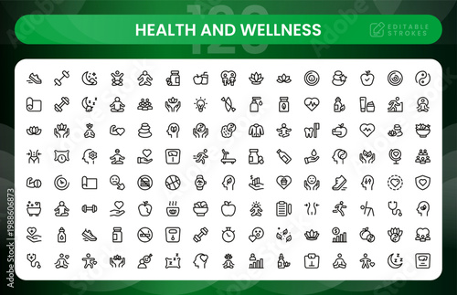 Health and wellness icon set. Modern health and wellness sleek line icon collection features globe and life symbols for global health access.