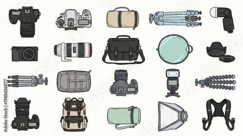 Large collection of hand drawn photography equipment icons with dslr cameras lenses tripods flashes bags and accessories on white background image set