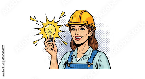 Woman in overalls and hard hat with lightbulb.