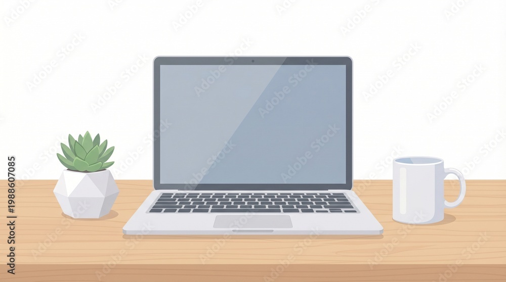 Fototapeta premium Minimalist Flat Vector Illustration of Laptop with Coffee Cup and Succulent Plant on Wooden Desk