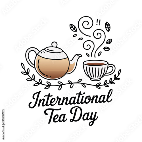 Tea day vector background with teacup and kettle. One line drawing art illustration,border, banner with lettering international tea day.