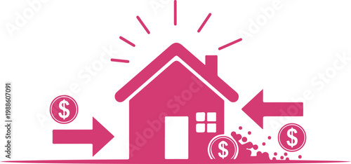 Illustration showing money flow into and out of a house representing financial investment and expenditure