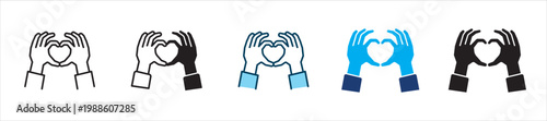 Hand create heart shape icon set. Icon symbol for hand heart, love, care, affection, romance, compassion, relationship, support, kindness, connection, emotion, charity. Vector illustration