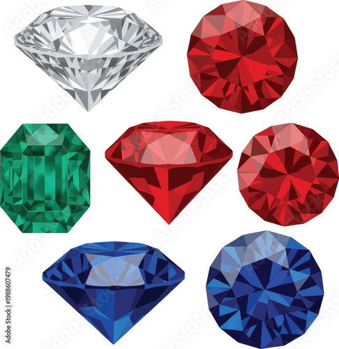 Brilliant Precious Gemstones Collection Featuring Cut Diamonds Red Rubies Green Emeralds and Blue Sapphires with Sparking Facets and Glossy Reflections Elegant Jewelry Vector Icon Set