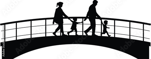 Family walking on bridge silhouette parents with children outdoor lifestyle park vector illustration concept design