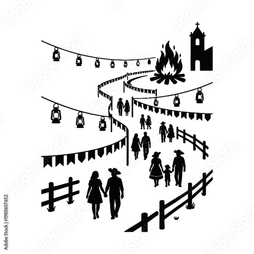 Sao Joao village festival map icon with route lantern and bonfire
