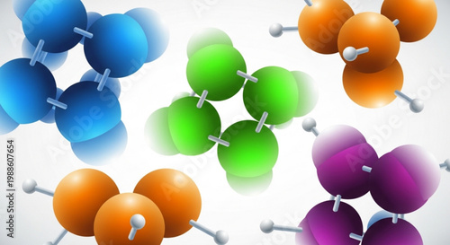 Colorful molecular structures with blue green orange and purple atoms on a white background for science and chemistry concepts