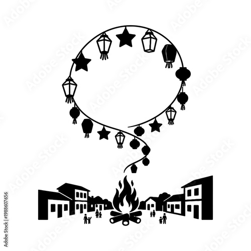 Village festival alley with musician family dog and bonfire