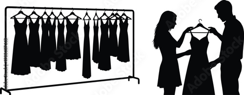 Fashion shopping silhouettes couple choosing dress from clothing rack retail boutique isolated on white background concept