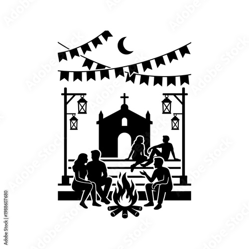 Village square floral arch framing chapel and festival crowd