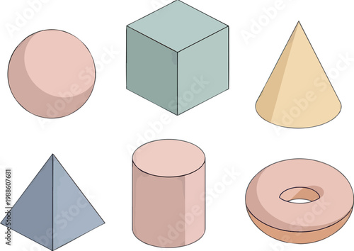 Educational Vector Collection of Basic Three Dimensional Geometric Shapes Including Sphere Cube Cone Pyramid Cylinder and Torus in Soft Pastel Colors for Math and Geometry Training Area