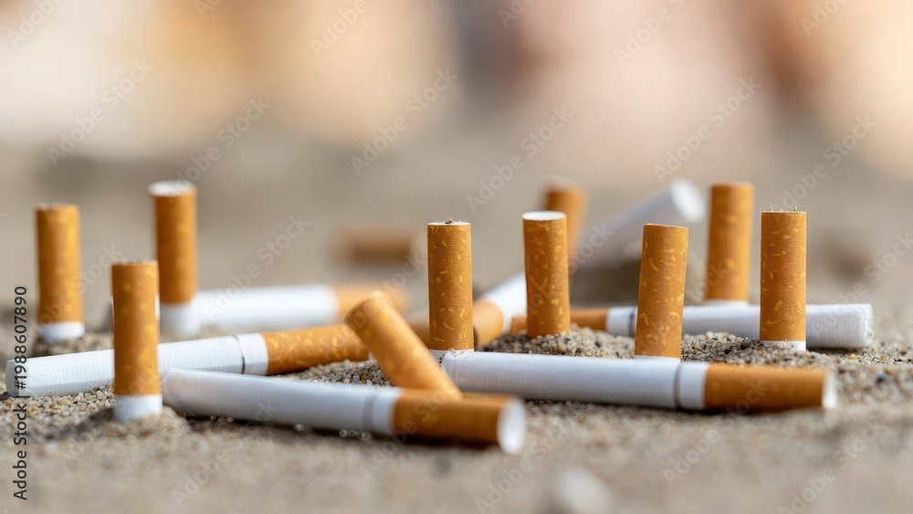 Obraz premium Pile of discarded cigarettes scattered on sandy beach surface