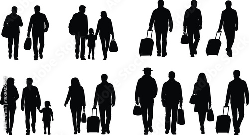 People silhouettes walking with luggage and bags travelers family urban lifestyle isolated on white background