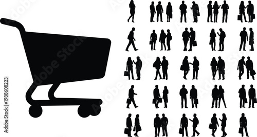 Shopping cart icon with people silhouettes set customers walking retail lifestyle isolated on white background