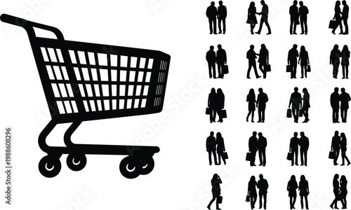 Shopping cart with people silhouettes couples carrying bags retail lifestyle isolated on white background concept