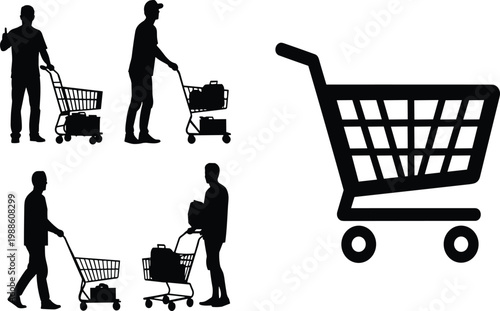 Shopping cart silhouettes with shoppers pushing trolleys retail consumer activity supermarket vector icon collection set