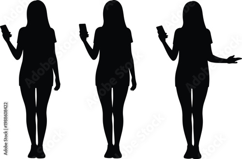 Woman holding smartphone silhouettes using mobile phone communication social media lifestyle vector illustration isolated set