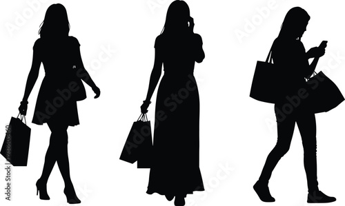 Women shopping silhouettes carrying bags walking fashion retail consumer lifestyle vector illustration isolated set design