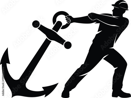 Worker pulling anchor silhouette strength effort labor industrial concept vector illustration isolated design symbol