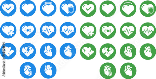 Set of Circle Heart Healthcare UI Icons Vector – Medical Love Symbol Buttons, Cardiology Health App Interface, Wellness Badge Collection
