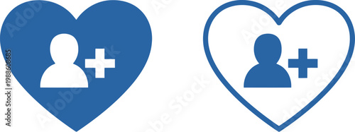 Blue Heart Add Friend Icon Set – Social Media User Connection Symbol Vector Illustration