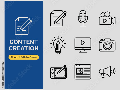 Collection of nine content creation related icons presented with editable stroke and clean line art design for digital use