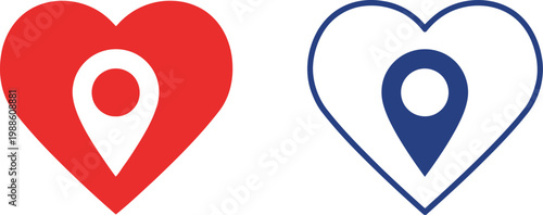 Heart Location Pin Icons Set – Red and Blue Outline Love Map Markers for Dating and Navigation Apps