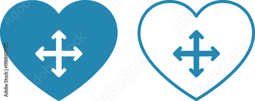 Blue heart icons with four-way arrows, flat and outline vector symbols for love and expansion concepts