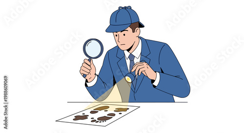 A cartoon detective examining evidence closely.