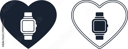 Smartwatch icon in heart shape outline and solid style for fitness, health, and wearable technology concepts