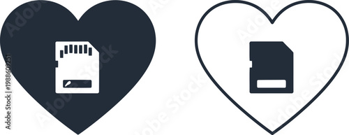 SD memory card icons inside heart shapes, black and white vector illustration for digital storage concepts