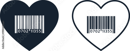 Heart shaped barcode icons set, black and white vector illustration for love, commerce, and retail concepts