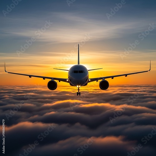 Airplane flies at sunrise over ocean of clouds, golden light