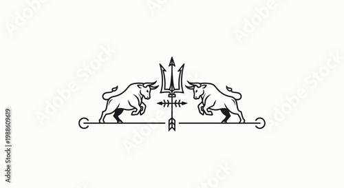 Minimalist emblem with two charging bulls and a trident