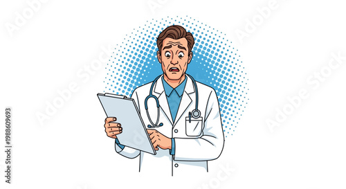A doctor in a white coat holding a clipboard.